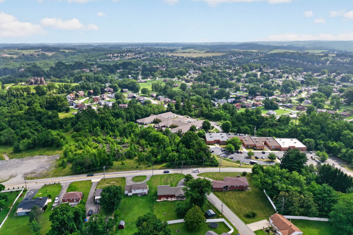 Aerial view of the Golden Heights community and nearby town